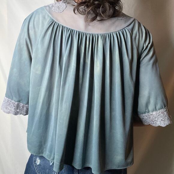Vintage 60s lace trimmed bed jacket tie dye dyed teal blue cropped layering M - Picture 15 of 17